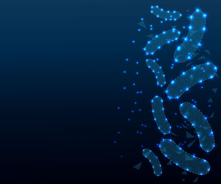 Abstract digital illustration of microscopic bacteria shapes with glowing outlines and small blue particles scattered around