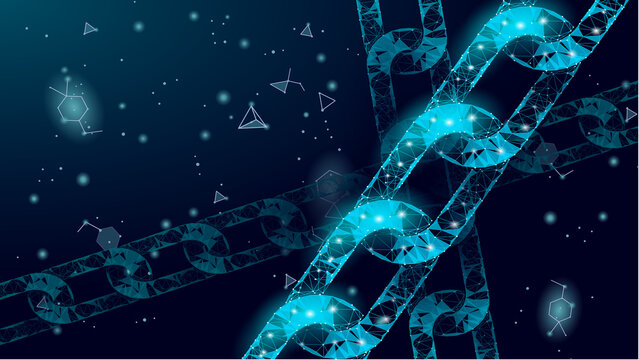 Abstract digital network of interconnected blue glowing chain links symbolizing blockchain technology and data security on a dark background with glowing particles
