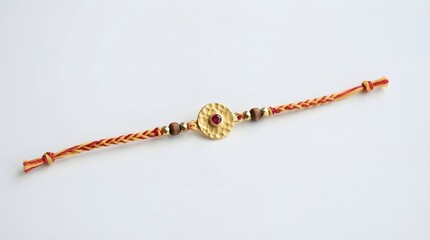 Fototapeta premium Minimalist rakhi bracelet featuring a hammered gold disc with a central red gemstone and wooden beads isolated on white background