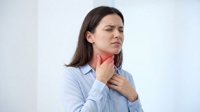 Woman feeling pain in throat with red inflammation glow