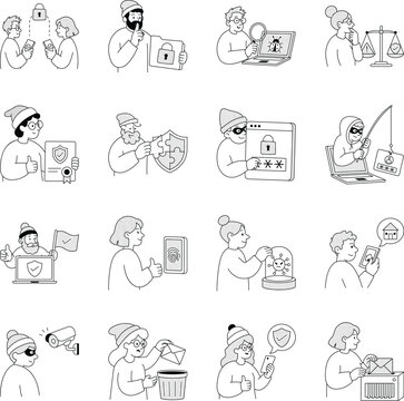 Cybersecurity illustration set focused on encryption, fraud checks, vulnerability scans, risk review, phishing defense, biometric access, and secure deletion. 