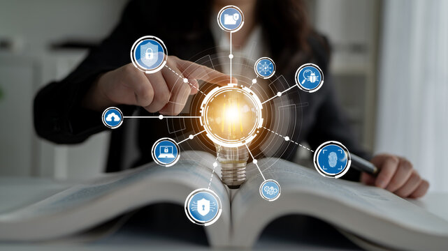 A person engages with a light bulb, representing ideas and innovation. Surrounding technology icons symbolize digital transformation and modern business strategies. Crux