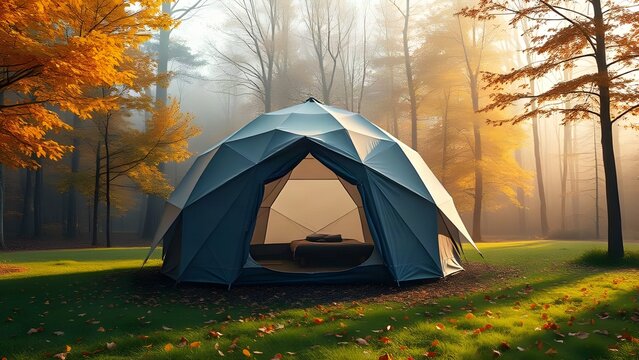 cozy grey dome tent in a serene autumn forest with golden leaves and morning mist