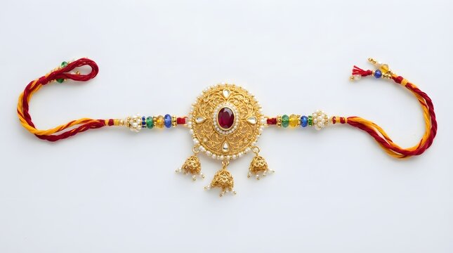 Traditional indian rakhi bracelet with a goldplated circular pendant, red stone, pearl accents, and hanging jhumka charms, isolated on white background