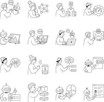 Linear ai illustrations covering assistants, neural networks, coding, automation, voice tools, deep learning, analytics, problem-solving, and debugging. 