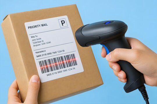 Barcode Scanner Reading Shipping Label on Priority Mail Box