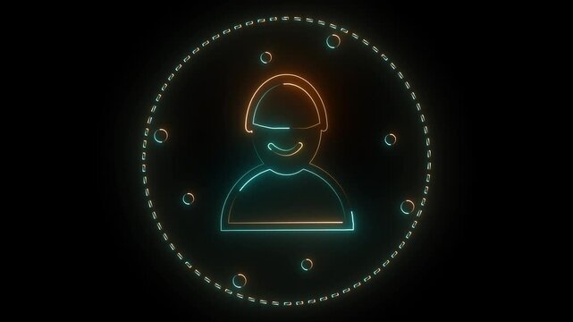 Cyan and orange neon outline of a person within a dashed circle with small floating circles on a black background symbolizing digital interaction and data flow.