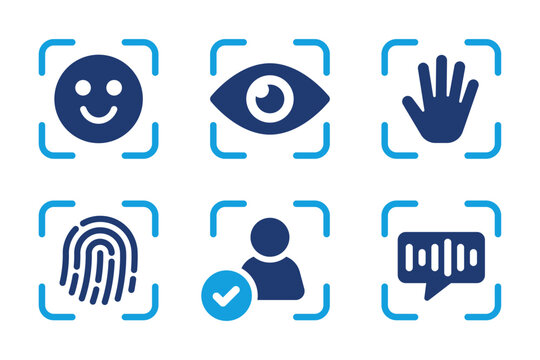 Biometric Authentication Icons Set. Facial Recognition, Iris Scan, Fingerprint, Hand Gesture, Voice Authentication and Identity Verification