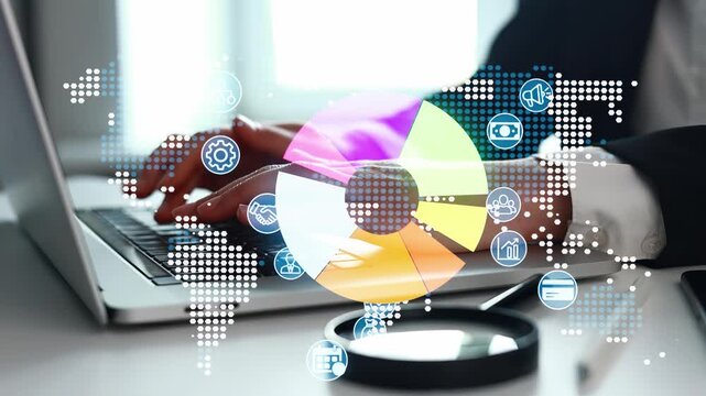 A person is using a laptop in an office setting. Data visualization graphics with various icons surround the computer. This scene shows aspects of tech and business work.