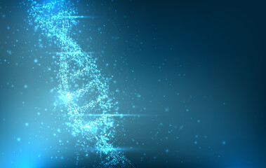 Abstract glowing blue DNA helix structure composed of small particles against a deep blue backdrop