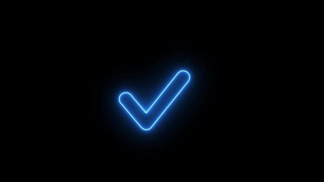 Glowing orange check mark icon with a neon light effect on a dark black background representing success and approval.4k animation video