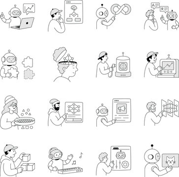 Linear AI concepts covering prediction, algorithms, learning, translation, neural systems, data cleaning, model training, advertising, music, and image recognition.