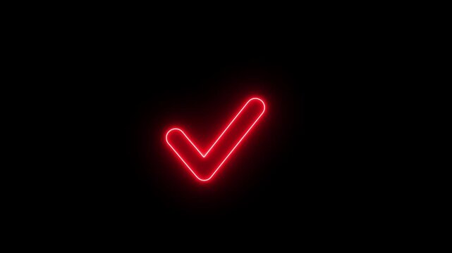 Glowing orange check mark icon with a neon light effect on a dark black background representing success and approval.4k animation video
