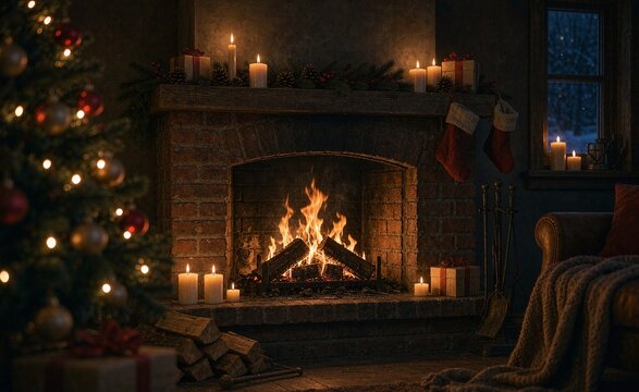 AI generated cozy Christmas fireplace with warm firelight bokeh, festive winter home atmosphere