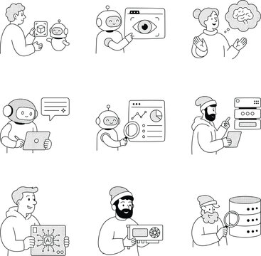 Linear ai  illustrations covering machine vision, cognition, content, monitoring, servers, hardware, accelerators, big data, neural prediction, interfaces.