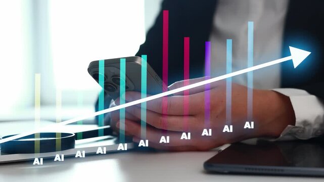 A person is holding a smartphone while analyzing data trends on a desk. Various graphs show increasing values and keywords related to AI. This scene takes place in an office setting.