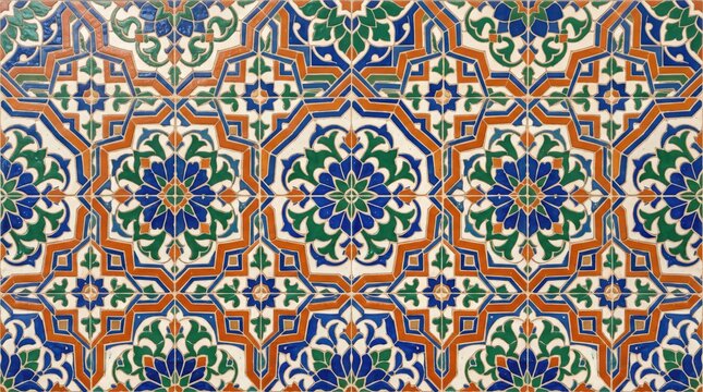 Seamless ceramic tile pattern with geometric star and floral motifs in blue, green, and terracotta orange, repeating decorative wall surface texture