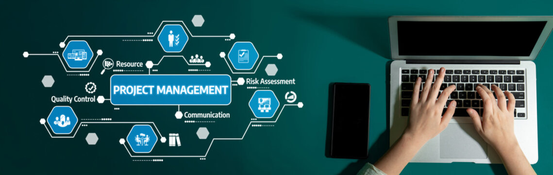 An engaging visual overview of the project management process featuring essential elements like communication, risk assessment, and quality control, displayed on a laptop. Tessel
