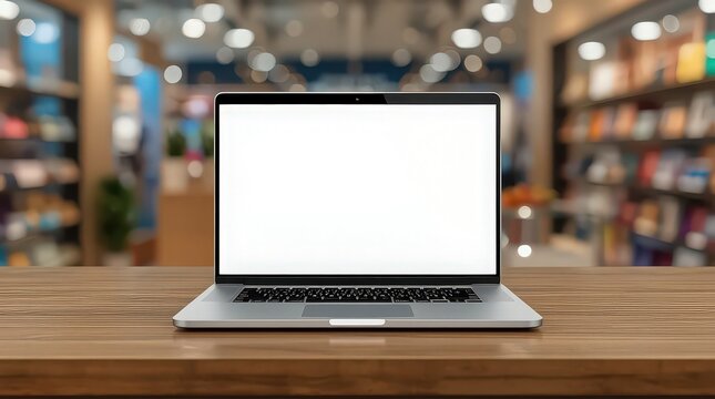 Laptop computer with a blank white screen sits on a polished wooden counter, set against a beautifully blurred retail or library background, ideal for showcasing digital content.