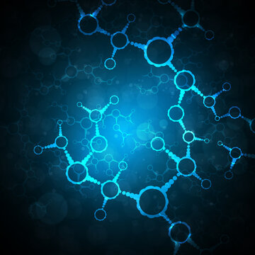 Abstract visualization of interconnected blue molecules and atomic structures on a dark background
