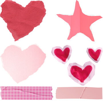 Set of handmade paper hearts and stars with washi tape strips for scrapbooking, isolated PNG elements with transparent background for design projects