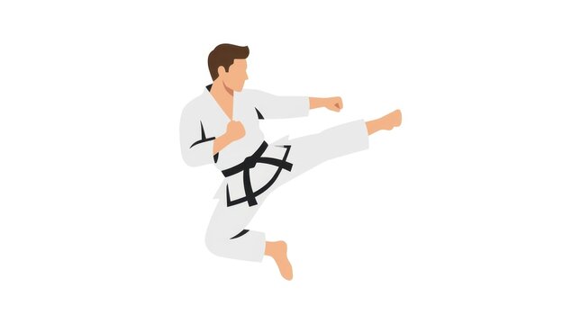 Martial artist performing a jumping kick in white karate uniform