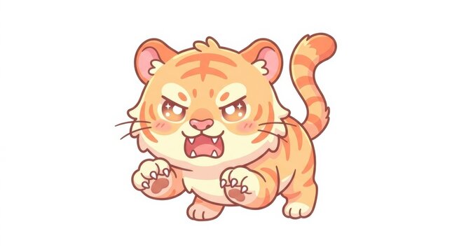 Chibi tiger cub cartoon character roaring in pouncing pose