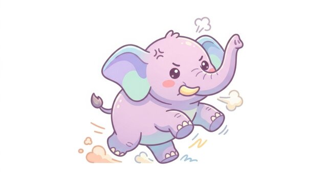 Angry pastel cartoon elephant charging on white background