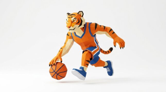 Low poly tiger mascot dribbling a basketball on white background