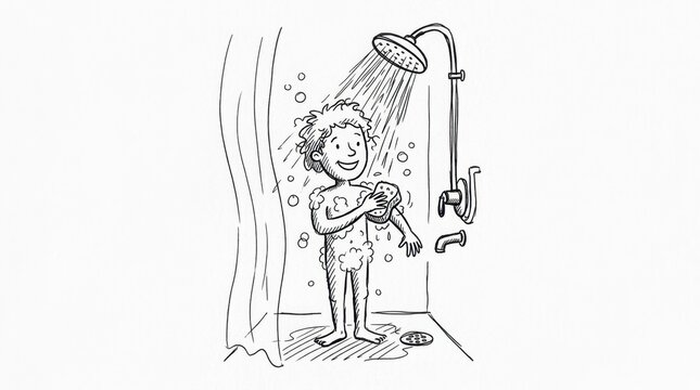 Line art illustration of a boy taking a shower and washing