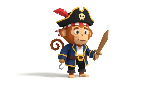 Low poly monkey pirate character holding a wooden sword