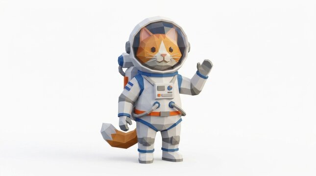 Low poly 3D ginger cat in astronaut suit waving on white background