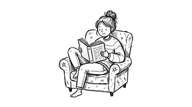 Line art illustration of a woman reading a book in an armchair
