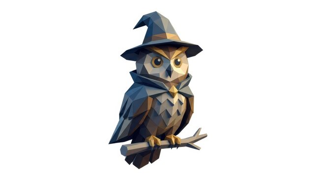 Low poly owl wizard wearing a hat and cape perched on a branch