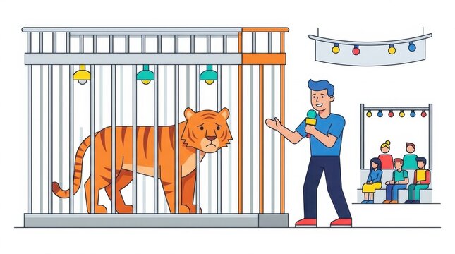 Illustration of a tiger in a cage with a man holding a microphone