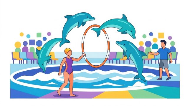 Dolphins jumping through a hoop at an aquatic performance show