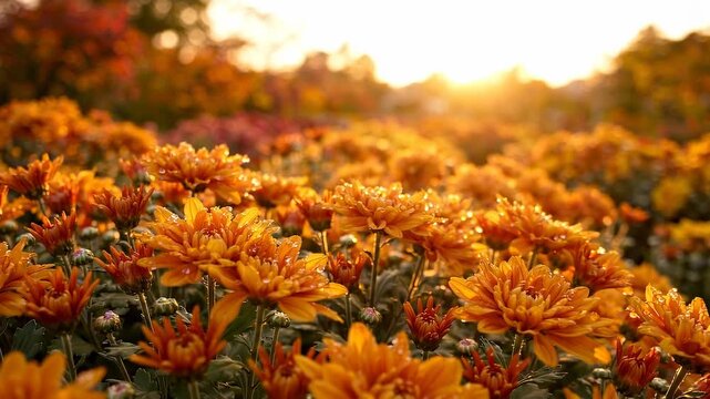 Vibrant orange chrysanthemums blooming abundantly in a sun-drenched field during a beautiful autumn sunset, creating a warm and inviting natural scene.