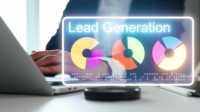 A person is focused on their laptop while lead generation data is displayed on a screen. The setting is an office during the day with good lighting.