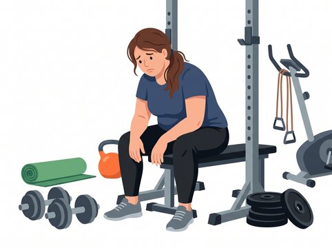 Sad overweight woman with gym equipment vector illustration, vector isolated on white