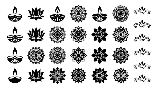 Set of diwali diya lotus diya diwali lamp diwali decoration hindu festival festival of lights traditional diya oil isolated on transparent background