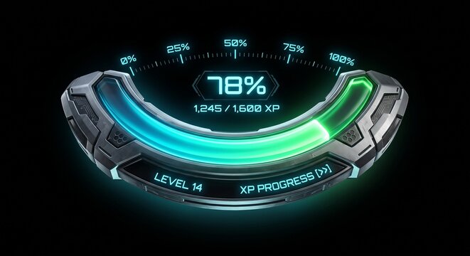 3D Futuristic Glowing Cyan to Green XP Progress Bar UI