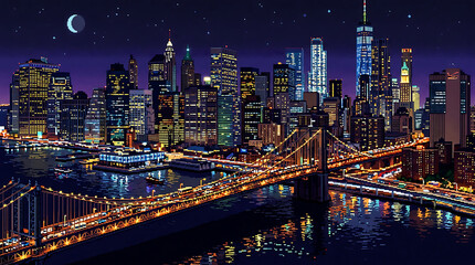 Fototapeta premium Vibrant Pixel Art Cityscape at Night with Illuminated Skyscrapers and Arching Bridge Reflecting on Water Under a Crescent Moon