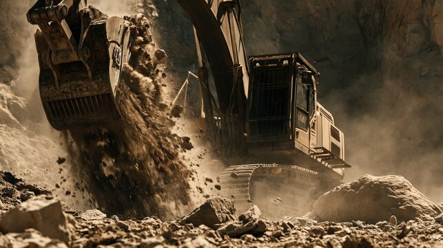 Heavy excavator digs into the earth, scattering debris in its path.