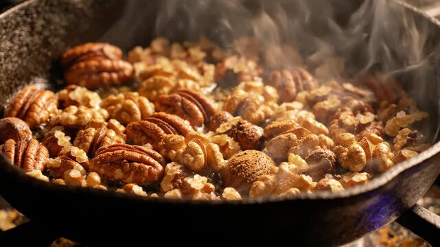Steaming roasted nuts and pecans in a cast iron skillet with rising smoke and warm rustic lighting