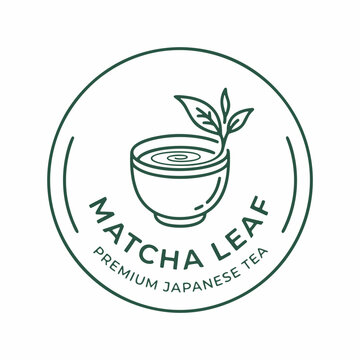 Minimalist Line Art Logo Template Featuring a Matcha Tea Bowl and Fresh Leaf Design for Organic Japanese Beverage Brand Identity
