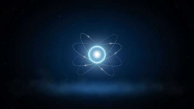 Glowing blue atom model rotating in deep space with bright light particles and digital orbital rings against dark starry background