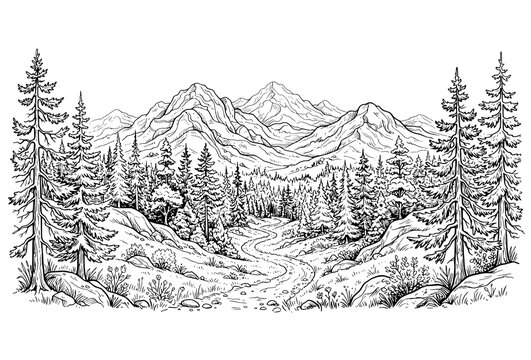 Untitled design Alpine camping landscape line art with mountains river pine trees and outdoor tent