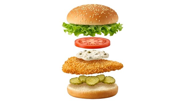 Stacked gourmet burger layers with fresh lettuce, tomato, onion, and cheese isolated on white