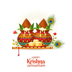 Naklejka premium Krishna Janmashtami Celebration: Pots, Flute, Sweets, Peacock Feathers