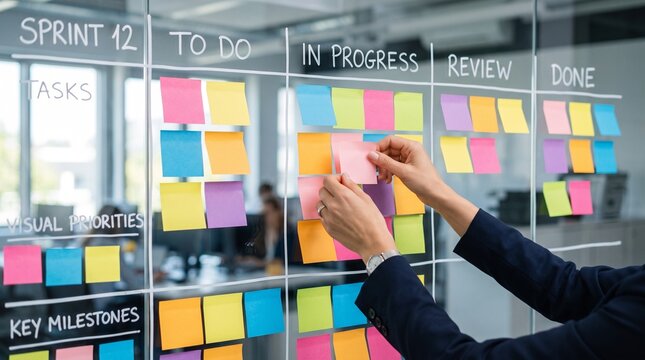 Professional business team planning strategy and project management using agile scrum methodology on glass board with colorful sticky notes for task organization and workflow efficiency in office.